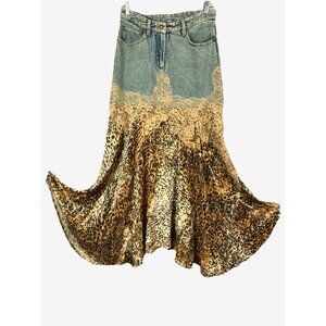 Newport News Denim and Leopard Maxi Skirt in Blue and Brown